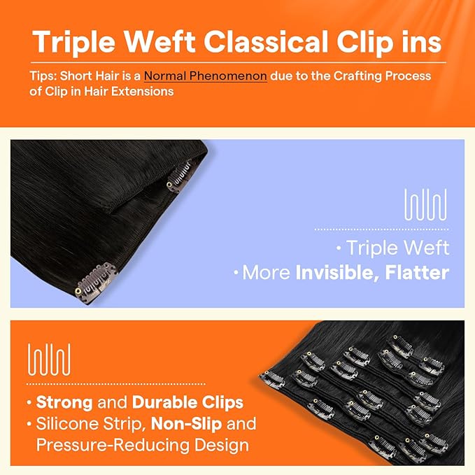 Full Shine Clip in Hair Extensions Black Women Jet Black Human Hair Extensions for Thinning Hair 7 Pcs 12 Inch 95 G