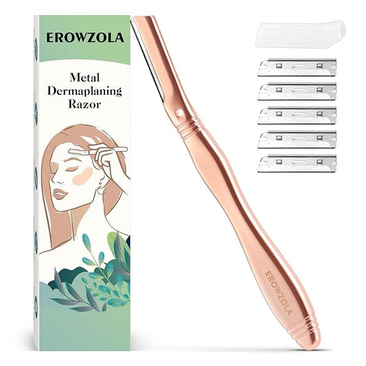 Eyebrow Razor for Women and Men, Face Razors for Women, Dermaplane Razor with Protective Silicone Cover, Reusable Metal Handle with 6 Refill Blades, Skin Care Tool - Rose Gold