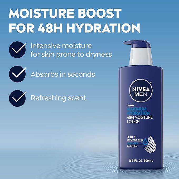 NIVEA MEN Maximum Hydration 48-Hour Moisture Body Lotion for Dry Skin, Aloe Vera Lotion for Men, 3-in-1 Body, Face and Hands, Dermatologically-Tested, Holiday Gifts for Men, 16.9 Fl Oz Bottle