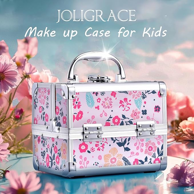 Joligrace Makeup Case for Girls Cosmetic Train Case Makeup Storage Box Jewelry Organizer Hair Accessories Lockable with Trays & Mirror Kids Gift Coloful Pink Unicorn