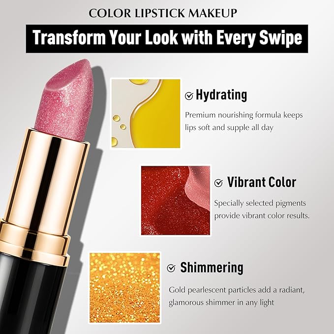 Metallic Lipstick Golden Glitter Lip Stick, Long Lasting Waterproof Shimmer Lipstick for Women Makeup Tinted Lip Balm Creamy Diamond Smooth Full Coverage Lip Color Lightweight Non Stick Cup