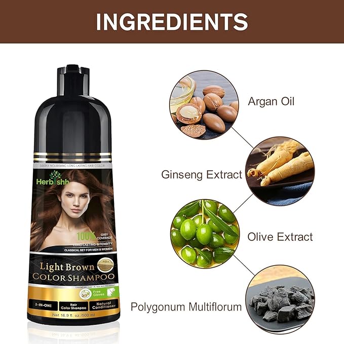 Herbishh Light Brown Hair Color Shampoo - 3-In-1 Magic Dye for Gray Hair 500 Ml + Essential Flower Hair Oil - Organic Formula for Dry, Damaged Hair 60 ML
