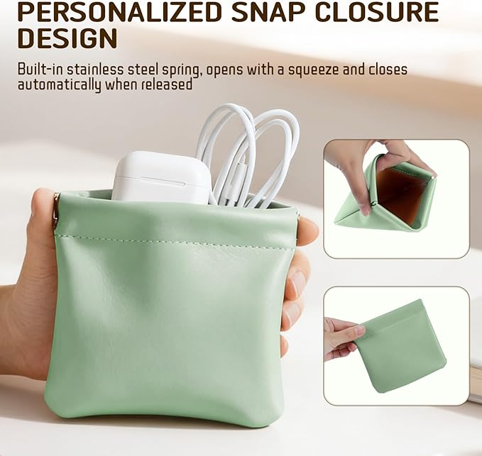 4Pcs Personalized Snap Closure Leather Organizer Pouch, Lambskin Pocket Cosmetic Bag, Portable Self-Closing Small Makeup Bag for Purse Women Mini Travel Coin Storage Pouches