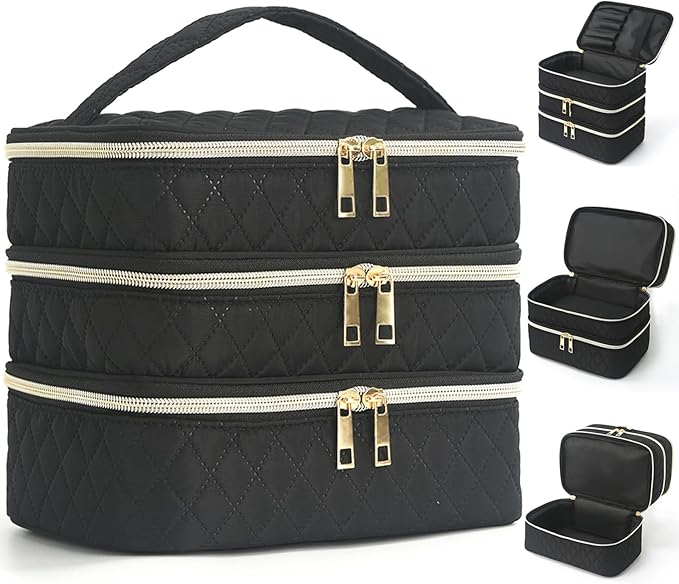 Travel Makeup Bag for Women Three Layer Large Cosmetic Case Water-resistant Toiletry Bag Organizer for Store Toiletries Cosmetic Accessories and Manicure Sets Black