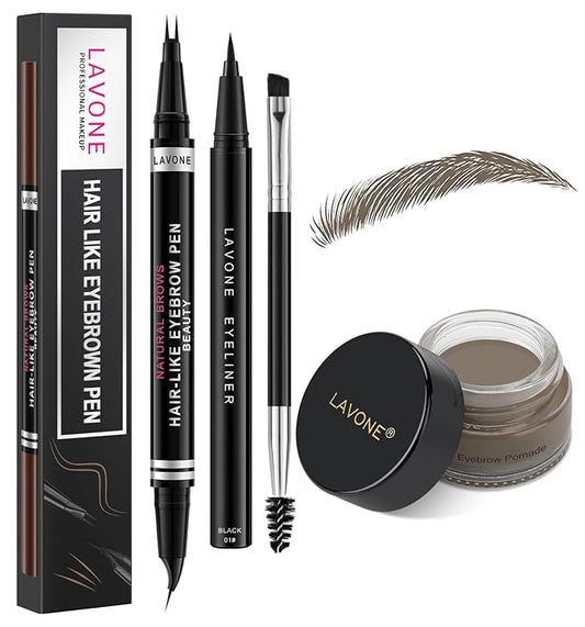 LAVONE Hair-Like Eyebrow Pen Makeup kit, Eyebrow Pencils for Women with Waterproof Microblading Eyebrow Pencil, Eyebrow Pomade, Eyeliner and Eyebrow Brush, Create Full, Natural Brows, Dark Grey