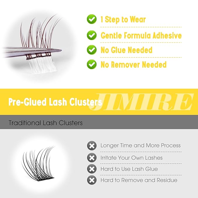 JIMIRE Brown Self-Adhesive Eyelashes Press on Lashes Clusters, Natural Look Pre-Glued Lash Clusters No Glue Needed Wispy 10-12MM Individual Lashes Brown Cluster Eyelash Extensions