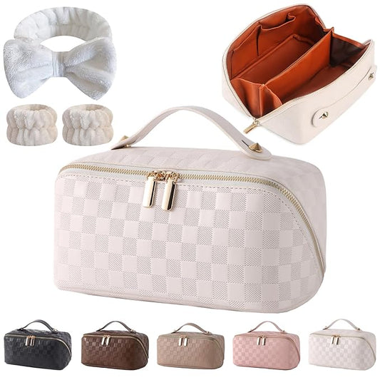Travel Makeup Bag Travel Toiletry Bag Waterproof PU Leather Checkered Makeup Organizer Bag Woman Cosmetic Organizer Bag With Headband and Wristband Set(White, Checkerboard pattern)