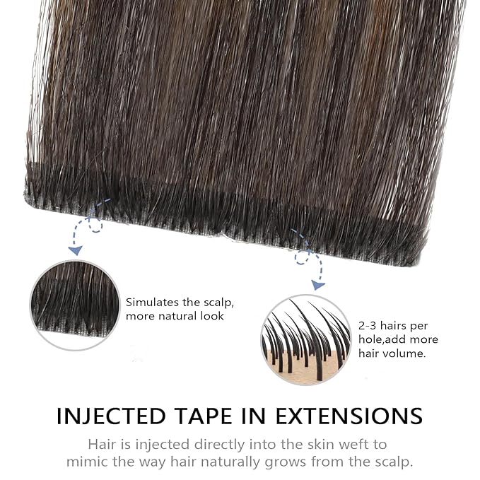COOKAYU Invisi Edge Tape in Hair Extensions Real Human Hair Seamless Injected Tape Ins 16Inch 20pcs 35g Natural Black to Medium Brown and Caramel blonde Extensions