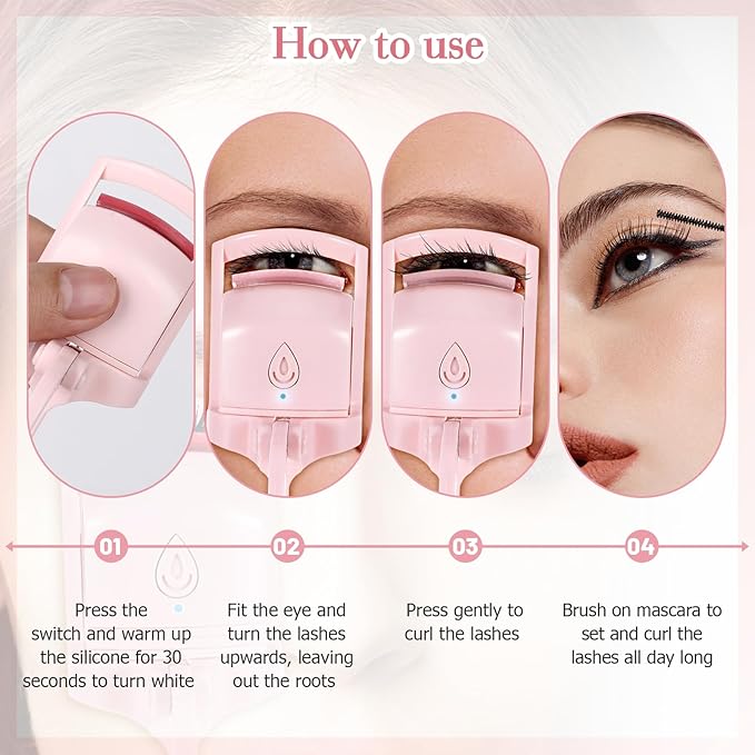 Electric Heated Eyelash Curler，Rechargeable Safe Anti-Burn Lash Curler for Quick Natural Curling Eye Lashes，5s Rapid Heating, 24 Hours Long Lasting，Create Beautiful Eyelashes