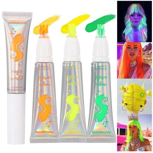 3 Colors Magical Temporary Hair Dye, Glow in the Dark UV Neon Hair Gel Set, Light Washable Hair Color Comb Hair Makeup for Concert, Party, Halloween, Christmas (Green+Orange+Yellow, 3 PCS)