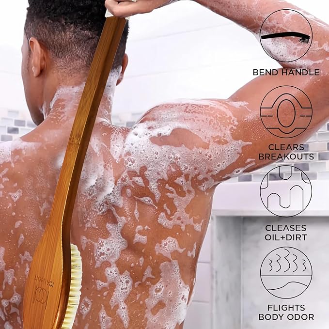 ICANdOIT-17.71Inch Natural Stiff Sisal Bristles Anti-Slip Curved Long Handle Bath Brush,Bent Handle Shower Scrubber for Exfoliating,Shower Back Brush
