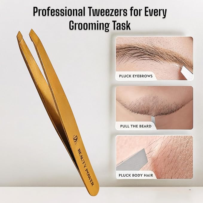Professional Precision Slant Tweezers for Women Facial Hair - Tweezers for Men & Women, Eyebrow Tweezer for Ingrown Hair Blackhead & Splinter Removal - Gold