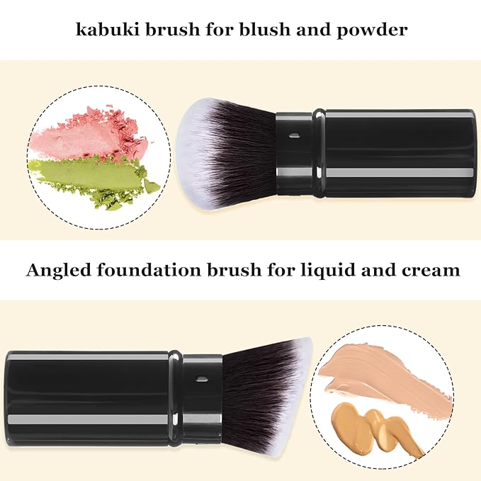 Retractable Kabuki Makeup Brush, 2 Pack Travel Angled Powder Foundation Blush Brush Set for Blending Liquid, Bronzer, Buffing, Concealer, Blush, Highlighter, Flawless Cosmetics