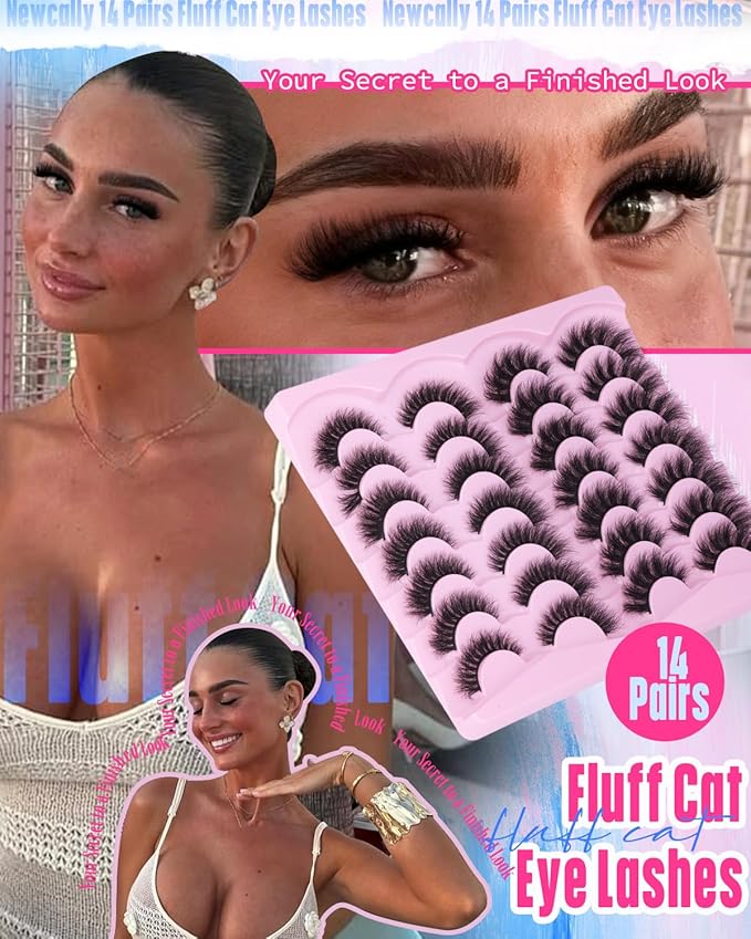 Newcally False Eyelashes Thick Volume Wispy Faux Mink Lashes 8D Volume Long Cat Eye Lashes Dramatic 18MM 2 Styles Mixed Fake Lashes 14 Pairs Pack