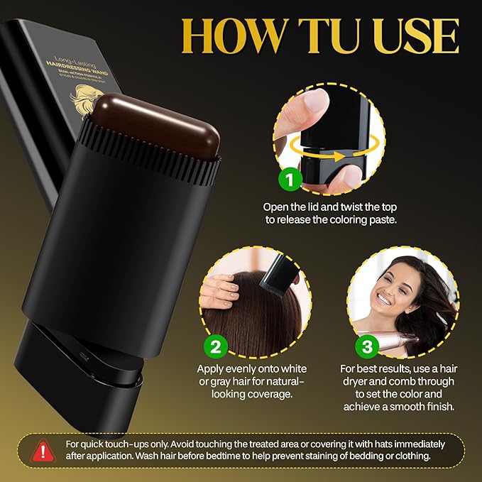 Hair Color Stick, 2 in 1 Instant Dye, Hair Dye Stick, Safe Portable Color Touch-Up Hair Sticks, Cover Gray Hair Color Correction Sticks for Women & Men, Waterproof and Sweat-Proof, 2Pack (Dark Brown)