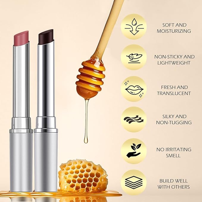 2PCS Honeynoir Honey Lipstick Lip Balm Set | Sheer Hydrating Lipstick for All Skin Tones Nourishing Lip Balm | Natural Lip Care for Dry Lips | Long-Lasting Moisturization Non-Sticky(Black & Pink)