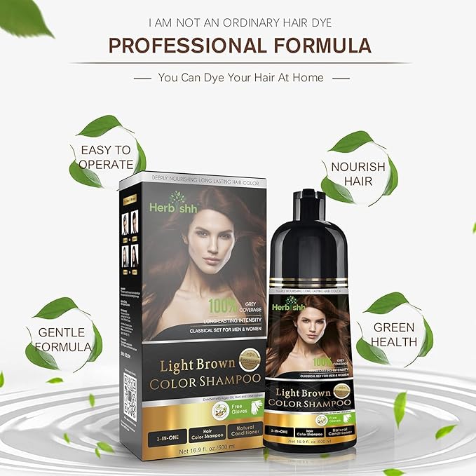 Herbishh Light Brown Hair Color Shampoo - 3-In-1 Magic Dye for Gray Hair 500 Ml + Argan Oil for Dull, Dry Damaged Hair 30ML