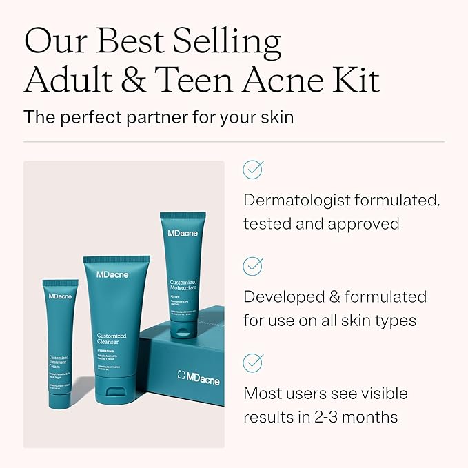 MDacne 3 Step Benzoyl Peroxide Acne Kit - Benzoyl Peroxide Cream 2.5%, Salicylic Acid Cleanser, Niacinamide Moisturizer - Medicated Plant-Based kit for Adult & Teen Acne, 60 Day Kit + Pimple Patches