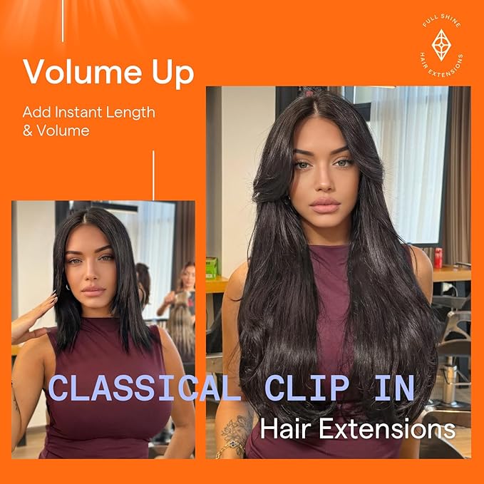 Full Shine Black Hair Extensions Natural Black Tea Real Hair Extensions Clip in Human Hair Clip ins for Women 18 Inch 120 G 7 Pcs