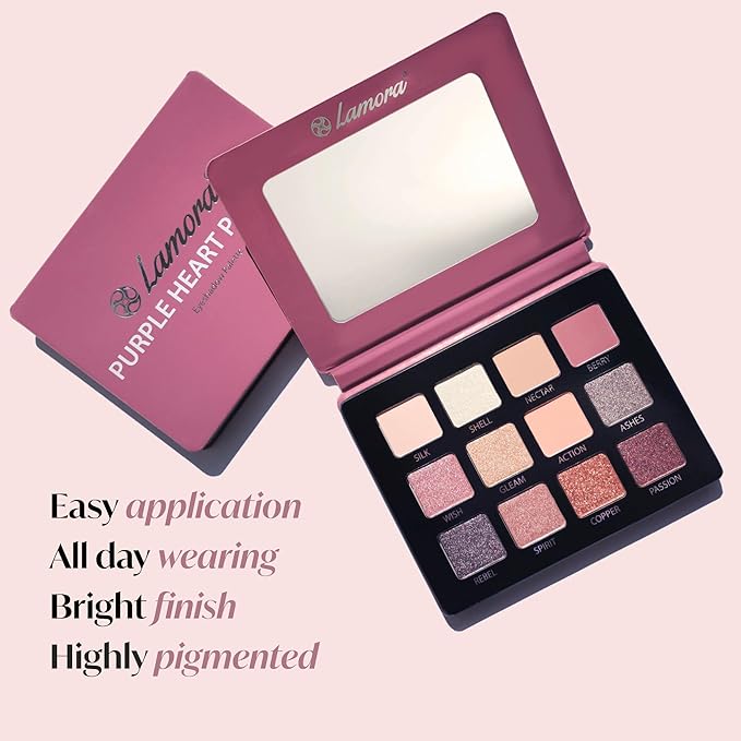 Lamora Pink Eyeshadow Palette - 12 Soft Mauve Rose Shadows, Multi-Use Eye Makeup Palette with Matte & Shimmer Finishes, Ultra-Blendable Everyday Neutrals, Long-lasting Wear, Travel Makeup with Mirror