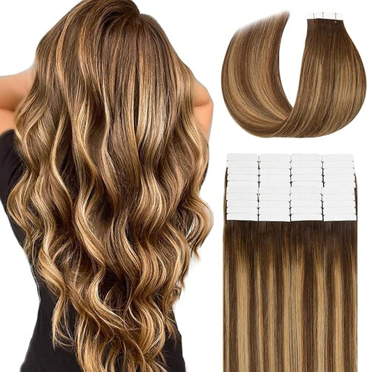 Lacer Tape in Hair Extensions Human Hair 40 Pieces 100 Grams Chocolate Brown with Strawberry Blonde Highlights Natural Human Hair Tape ins R#4-4/27 22 Inches