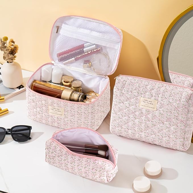 Makeup Bag for Women 3PCS Quilted Cotton Make Up Bag Travel Cosmetic Bag Large Makeup Bag Set Cute Makeups Organizer Floral Toiletry Pouch for Purse, Pink Stripe