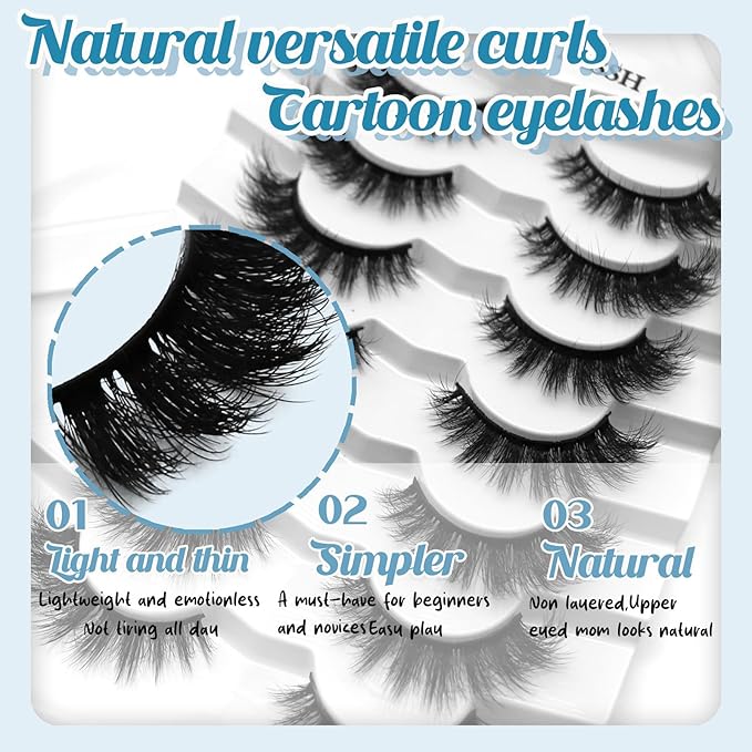 Mink Lashes Fluffy Wispy Lashes Natural Look 3D False Eyelashes D Curl Russian Strip Lashes 14 Pairs Short Fake Eyelash Pack