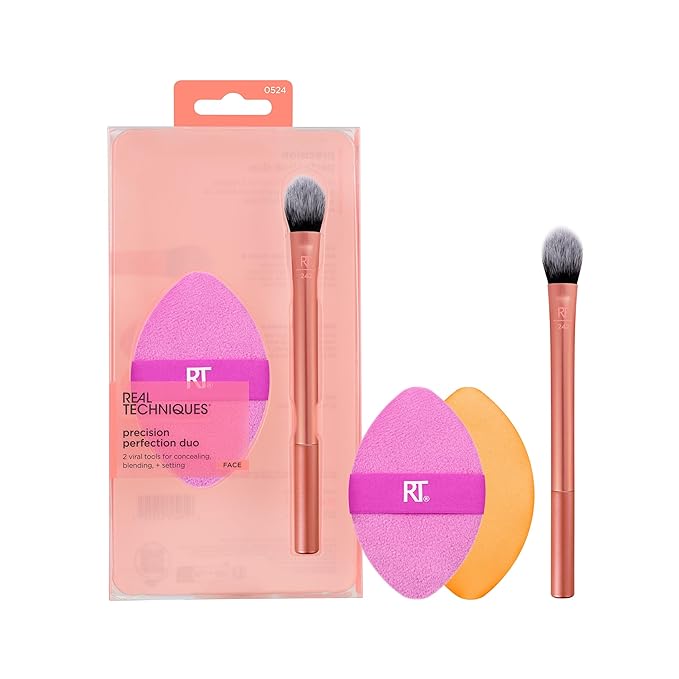 Real Techniques Precision Perfection Duo, Viral Kitten Paw Concealer Brush & Dual-Sided Powder Puff For Powder & Foundation, Travel Friendly Makeup Brush Set, Cruelty-Free, 2 Piece Set