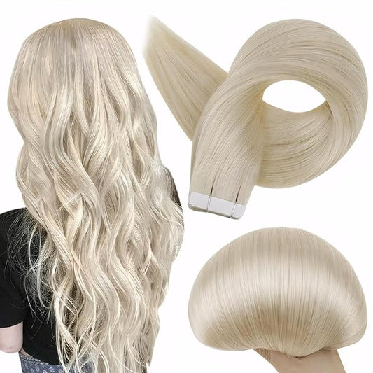 Full Shine Tape in Hair Extensions 10Inch Invisible Pu Tape in Real Human Hair Extensions Solid Color 60 Platinum Blonde Straight Hair 30G Seamless Brazilian Glue in Human Hair 20Pcs Natural Hair