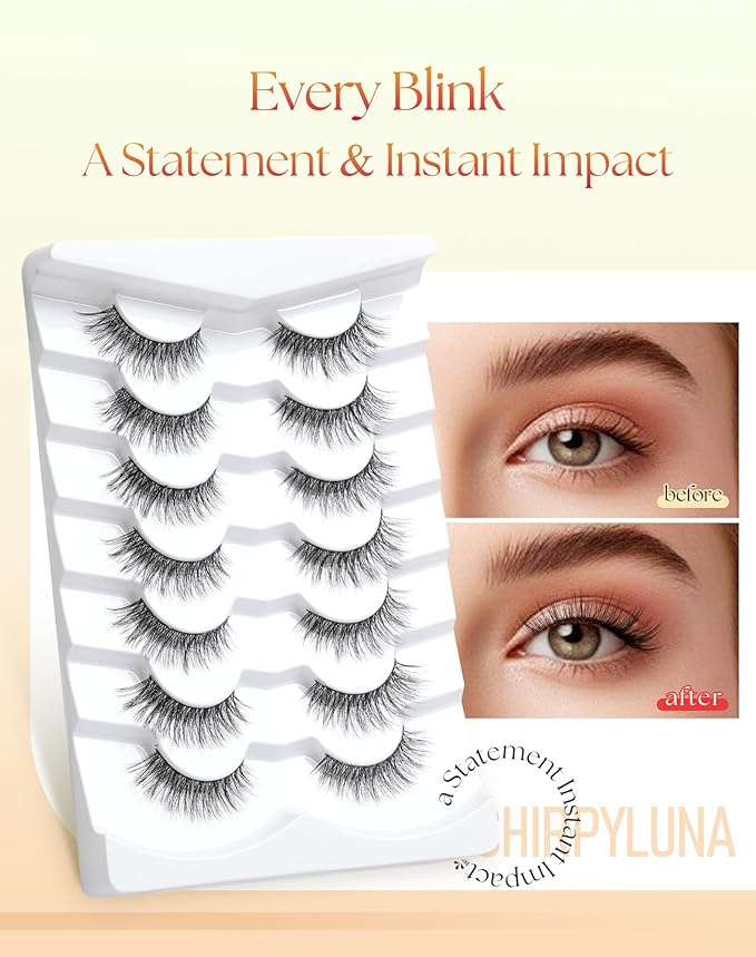 Eyelashes Cat Eye Lashes 15MM False Eyelashes Natural Look C Curl Lash Strips with 0.1MM Thin Band Volume Fake Lashes Pack ChirpyLuna Fluffy Eyelash, 7 Pair