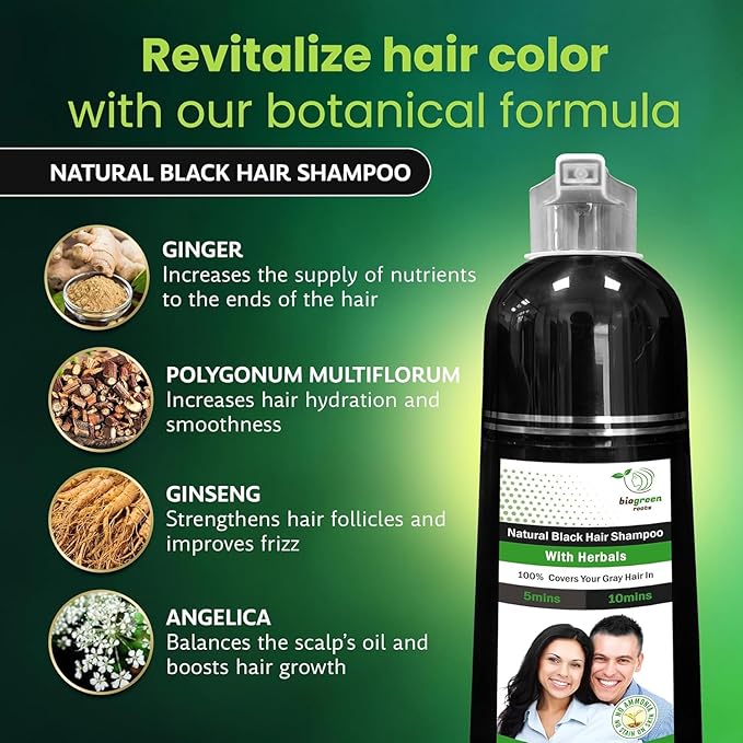 Ammonia-Free & Paraben Free Herbal Hair Shampoo - Hair Dye Shampoo for Women & Men - Natural Color & Herbal Nourishment - No Stain on Skin - Natural Black (400 ml)