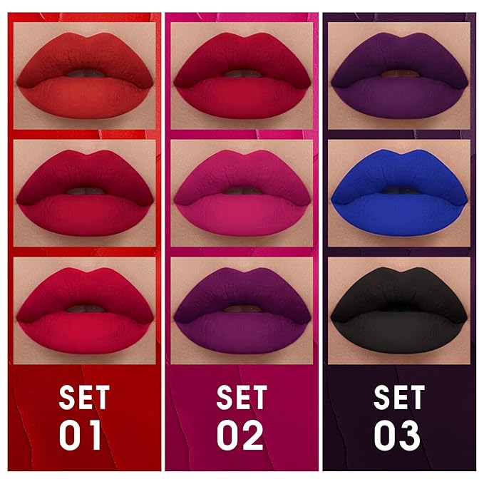 BADCOLOR 3 Colors Matte Liquid Lipstick Set, Black Blue Purple Halloween Makeup, High Impact Long Lasting Lip Stain Velvet Nonstick Cup Smudge Proof & Waterproof Lip Gloss Set