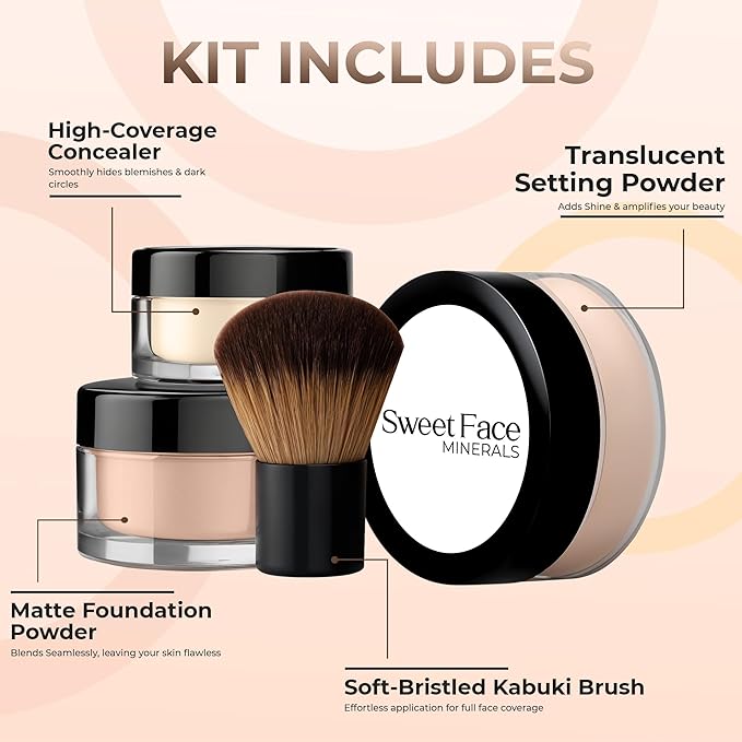 4pc Full Size Kit (Light) Mineral Makeup Matte Translucent Loose Foundation + Kabuki Brush + Concealer + Finishing Setting Powder + Bare Face Full Coverage SPF 30 All Skin Types Waterproof