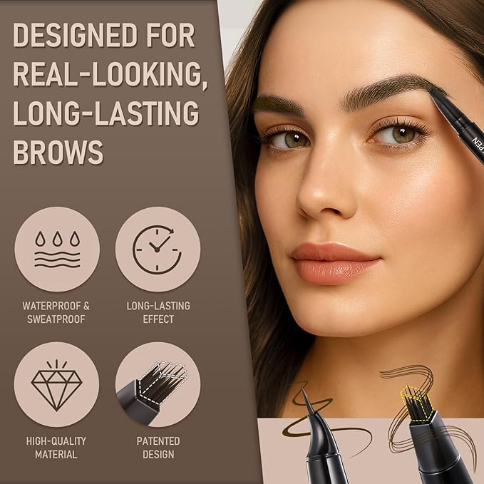 Dual-Ended Microblading Eyebrow Pencil for Women, 2 in 1 Liquid Eyebrow Pencil with Curved Tip and 4D Brow-Fection Microblading Pen, Shaped Fill HairLike Waterproof Lasting Eyebrows 04 Black Brown