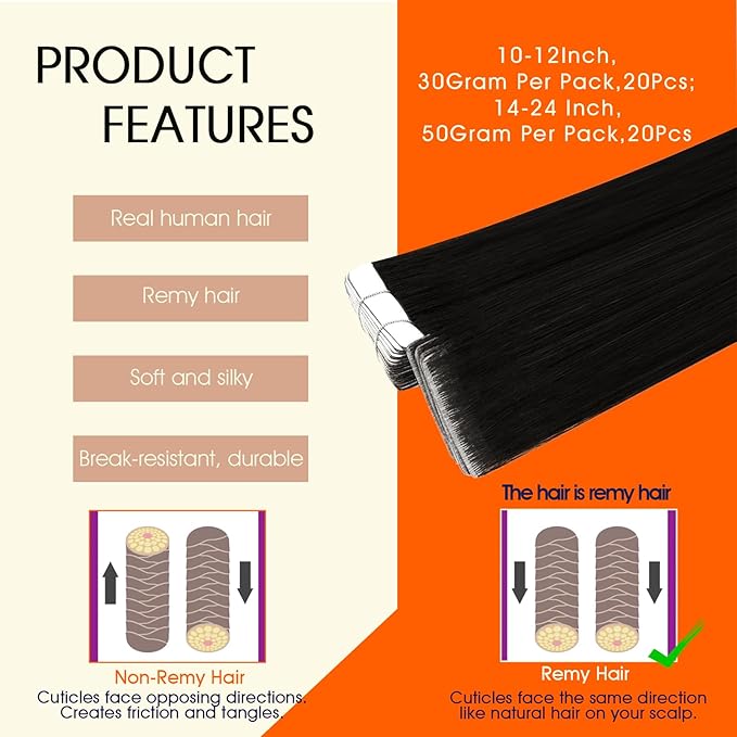 Full Shine Black Injected Tape in Extensions Real Human Hair Color 1B Off Black Invisible Remy Tape in Hair Extensions Human Hair Cuticles Aligned Seamless Short Straight Skin Weft 14Inch 40G 20Pcs