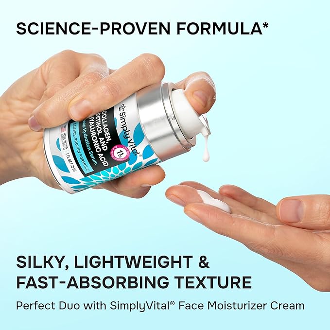 SimplyVital Collagen, Retinol & Hyaluronic Acid Serum - Anti-Aging Moisturizer for Face, Neck & Décolleté - Made in USA, Deep Moisturizing Skin Care Complex - Hydrating Facial Serum for Women, 1 fl.oz