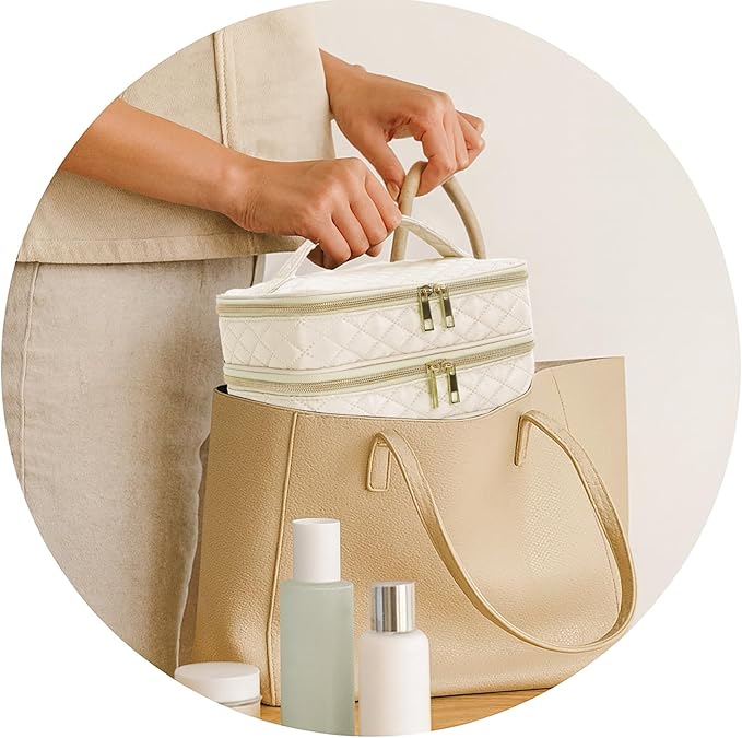 Travel Makeup Bag for Women Three Layer Large Cosmetic Case Water-resistant Toiletry Bag Organizer for Store Toiletries Cosmetic Accessories and Manicure Sets Khaki