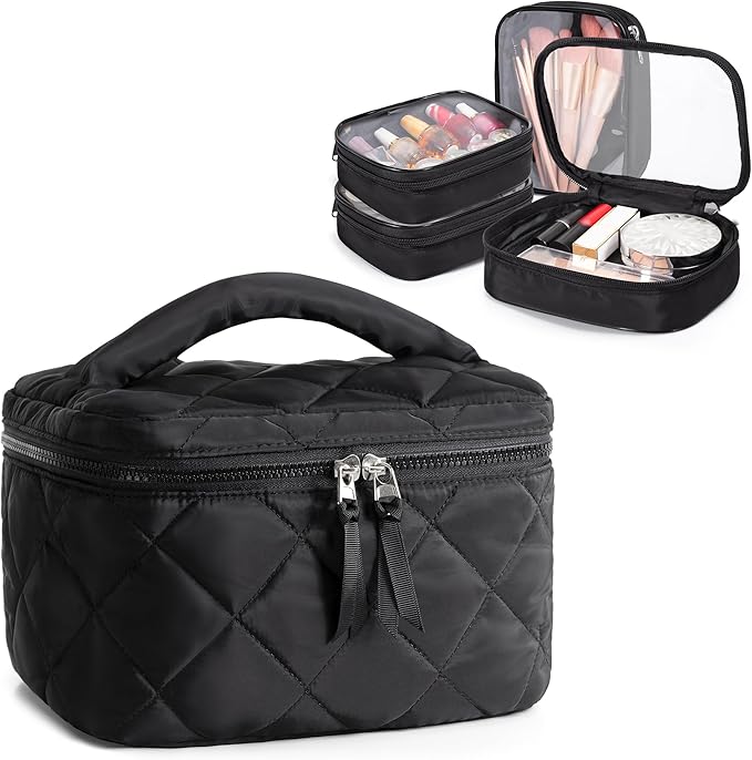 Travel Makeup Bag with 4 Clear Cases, Large Quilted Cosmetic Organizer for Women, Puffy Storage Bag for Cosmetics, Photos or Pill Bottles, Black (Empty Bag)