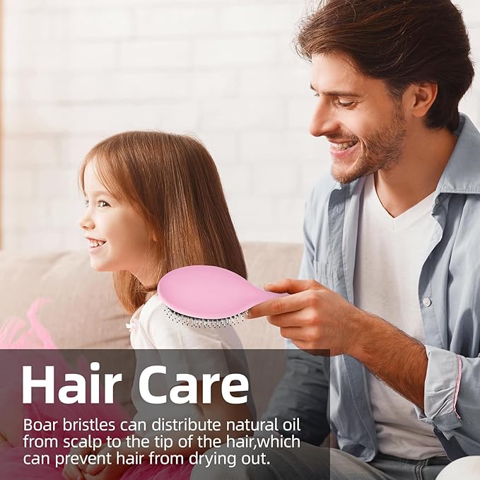 Boar Bristles Hair Brush for Women and Men, Detangling Hair Brush for Smoothing Massage Add Shine, Nylon&Boar Bristles Detangler brush for Hair Healthy (Pink&White)
