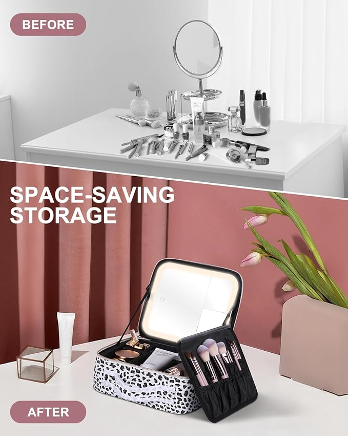 Makeup Bag with LED Lighted Mirror| Portable Makeup Organizer Train Case with 2X/3X Magnification & 3 Color Lights for Precision, Adjustable Brightness| Elegant Gift Packaging, Gift for Women, Leopard