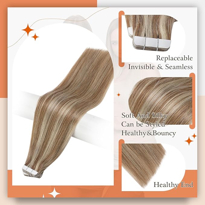 Full Shine Tape in Extensions Invisible 16 Inch Tape in Hair Extensions Human Hair Double Sided Tapes Hair 10P613 Golden Brown Highlighted Bleach Blonde Glue in Hair Extensions 50Gram 20pcs Add Volume