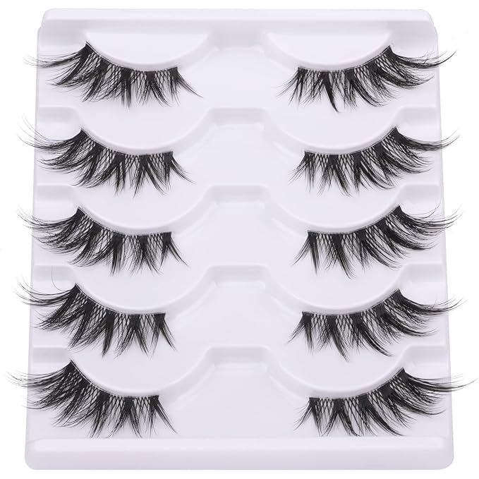 Half Lashes Manga Natural Wispy 3/4 False Eyelashes Cat Eye Lashes Volume Clear Band False Lashes that Look Like Extensions Soft Handmade Reusable Lashes Pack