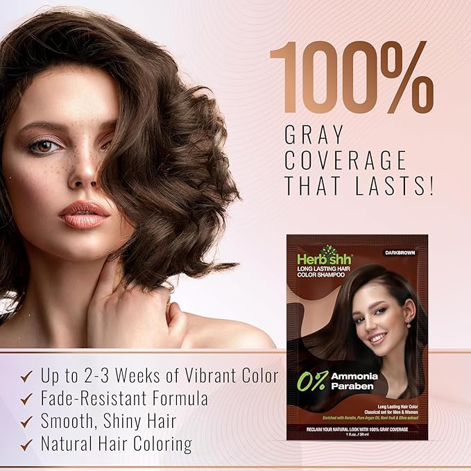 Herbishh Travel Pack Hair Dye Color Shampoo + 15pc Argan Hair Mask Sachet (Dark Brown, 15 Sachets)