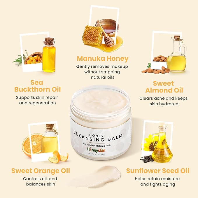 Honeyskin Honey Cleansing Balm Makeup Remover - Face and Eye Makeup Remover for Sensitive Skin Face Wash - Hydrating Facial Cleanser and Gentle to Face Makeup Melting Balm (4oz)