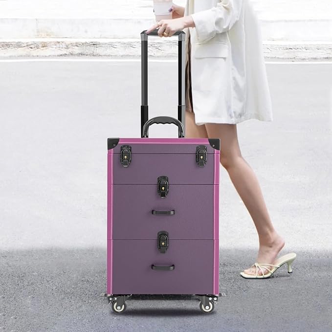 Makeup Train Case, Rolling Makeup Trolley Case, 3 Tiers Lockable Nail Polish Organizer with 2 Keys 4 Wheels (2 with Brakes) for Travel Makeup Artists Nail Technicians (Purple Case, Black Lock)