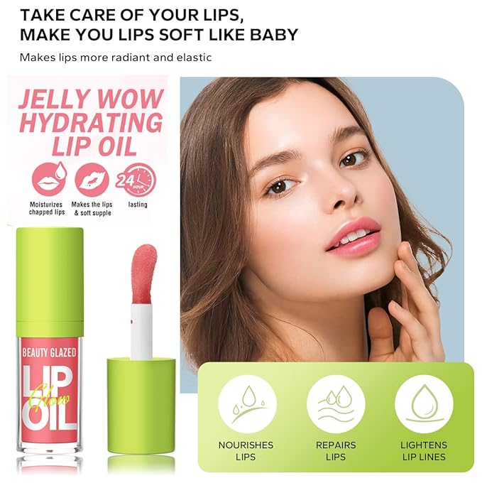 Beauty Glazed Big Brush Head Lip Oil, Ultra-Hydrating & Nourishing, Smooth Glossy Finish Lip Glow Oil, Shiny and Vegan Tinted Lip Gloss, Non-Sticky Formula (2, 105# PASSION & 106# FUSE)