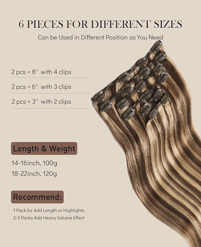 VINBAO Clip in Human Hair Extensions Silk Soft Remy Human Hair Color 4 Medium Brown Highlighted 27 Caramel Blonde Clip in Hair Extensions 18 inch 120 Gram 6 Pcs Double Weft (#4P27, 18'')
