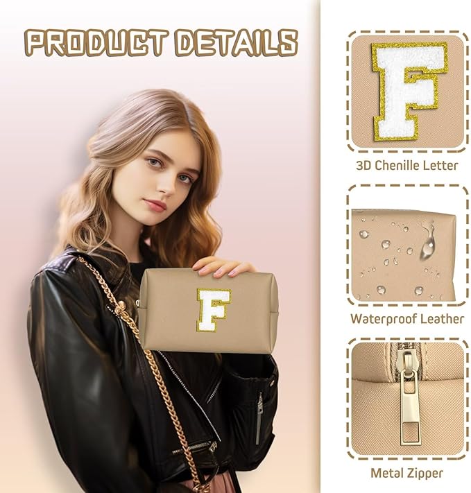 TOPEAST Preppy Makeup Bag, Small Cosmetic Travel Bags for Women, PU Leather Waterproof Toiletry Bag with Zipper, Personalized Birthday Gift for Women Girl, Preppy Gifts for Girl (Khaki F)