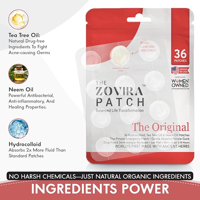 Zovira Original Spot Patches - Advanced Blemish Patches with Niacinamide, Tea Tree & Neem Oil (36ct) for Day & Night Use