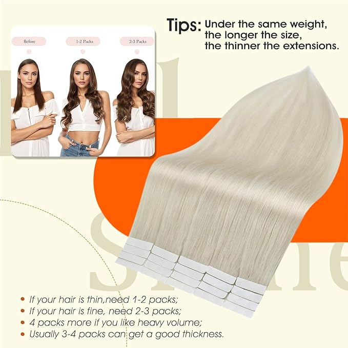 Full Shine Blonde Tape in Hair Extensions Human Hair White Blonde Remy Tape Extensions Human Hair Invisible Skin Weft 14Inch Cuticles Aligned Travel Friendly Styling 50G 20Pcs
